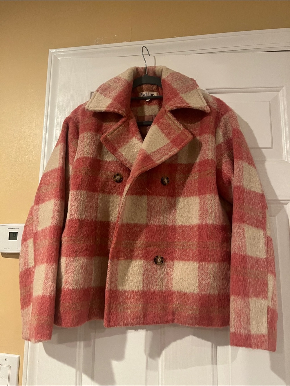 Pink and Cream Plaid Wool Pea Coat OVERSIZED